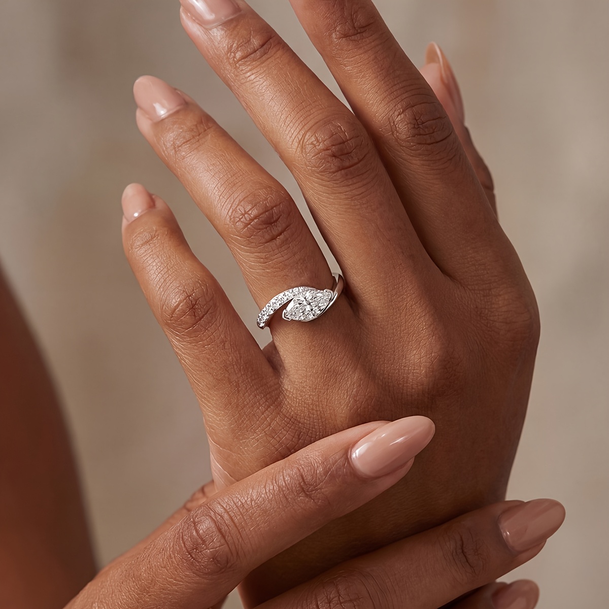 Women's Twisted Arm Half-Inlaid Marquise Ring